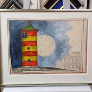 originalgrafik leuchtturm mit passepartout und museumsglas im handgefertigten vergolderrahmen