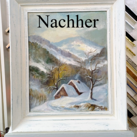 historischer bilderrahmen vintage, ölgemälde schneelandschaft