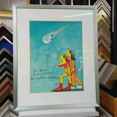 Lithografie von Udo Lindenberg, Rahmen Neon Grün, Museumsglas